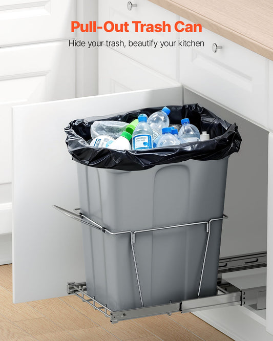 Pullout Trash Can for Kitchen Cabinets, Garbage Waste Recycling Bin, Under Mount Waste Container, with Heavy Duty Metal Full Extension Sliding System and Handle, for Sink, Under Counter