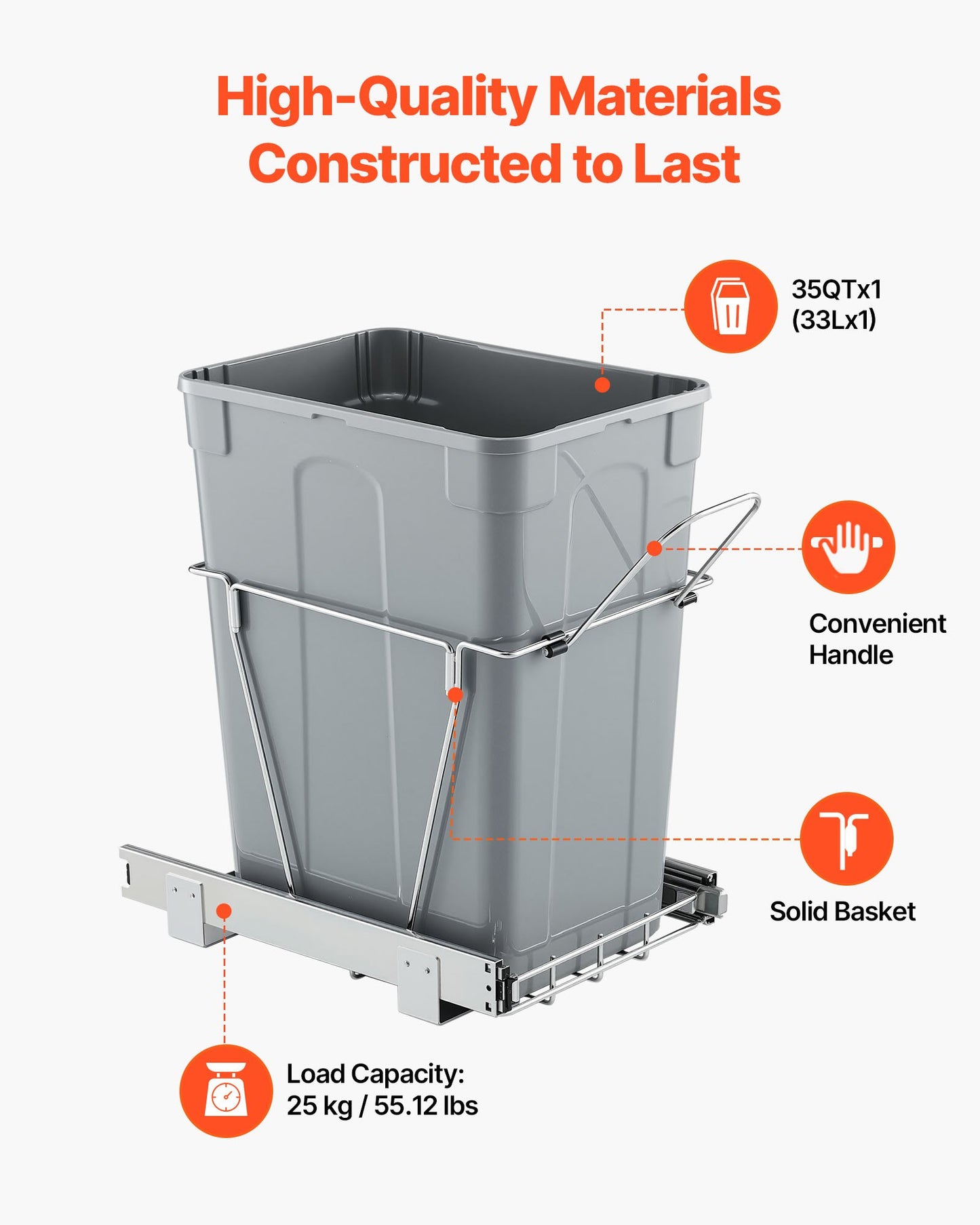 Pullout Trash Can for Kitchen Cabinets, Garbage Waste Recycling Bin, Under Mount Waste Container, with Heavy Duty Metal Full Extension Sliding System and Handle, for Sink, Under Counter