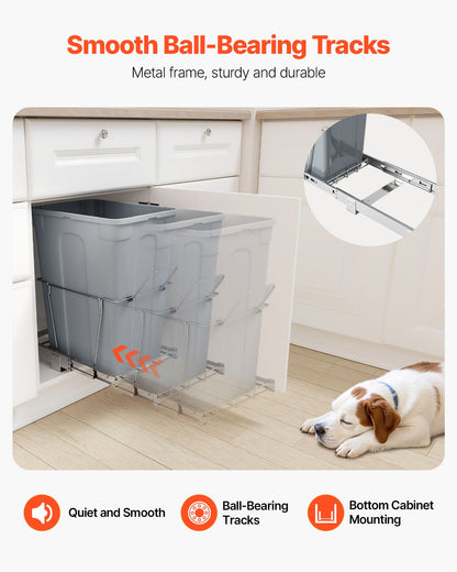 Pullout Trash Can for Kitchen Cabinets, Garbage Waste Recycling Bin, Under Mount Waste Container, with Heavy Duty Metal Full Extension Sliding System and Handle, for Sink, Under Counter