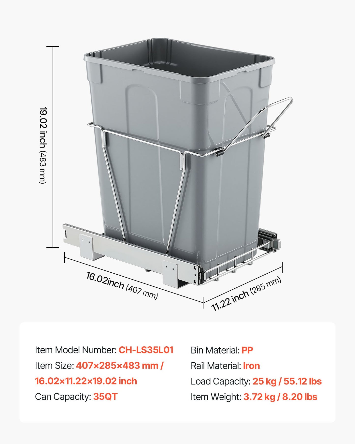 Pullout Trash Can for Kitchen Cabinets, Garbage Waste Recycling Bin, Under Mount Waste Container, with Heavy Duty Metal Full Extension Sliding System and Handle, for Sink, Under Counter