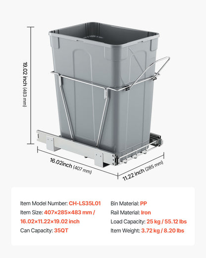 Pullout Trash Can for Kitchen Cabinets, Garbage Waste Recycling Bin, Under Mount Waste Container, with Heavy Duty Metal Full Extension Sliding System and Handle, for Sink, Under Counter