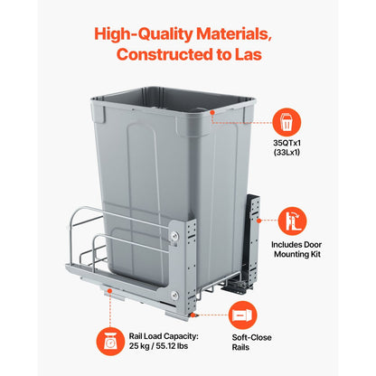 VEVOR Pullout Waste Container Under Cabinet Kitchen Garbage Bin Trash Can
