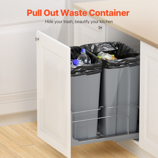 VEVOR Double Pullout Waste Container Kitchen Trash Can Soft Close Grey 50QTx2