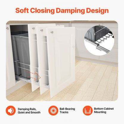 VEVOR Double Pullout Waste Container Kitchen Trash Can Soft Close Grey 50QTx2