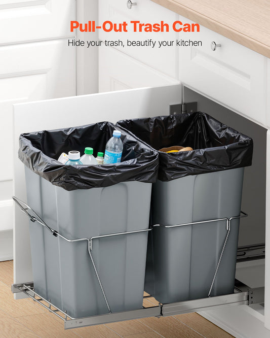 Pullout Trash Can for Kitchen Cabinets, Double Under Sink Garbage Waste Recycling Bin, Under Mount Waste Container, with Heavy Duty Metal Full Extension Sliding System and Handle