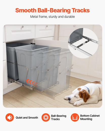Pullout Trash Can for Kitchen Cabinets, Double Under Sink Garbage Waste Recycling Bin, Under Mount Waste Container, with Heavy Duty Metal Full Extension Sliding System and Handle