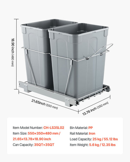 Pullout Trash Can for Kitchen Cabinets, Double Under Sink Garbage Waste Recycling Bin, Under Mount Waste Container, with Heavy Duty Metal Full Extension Sliding System and Handle