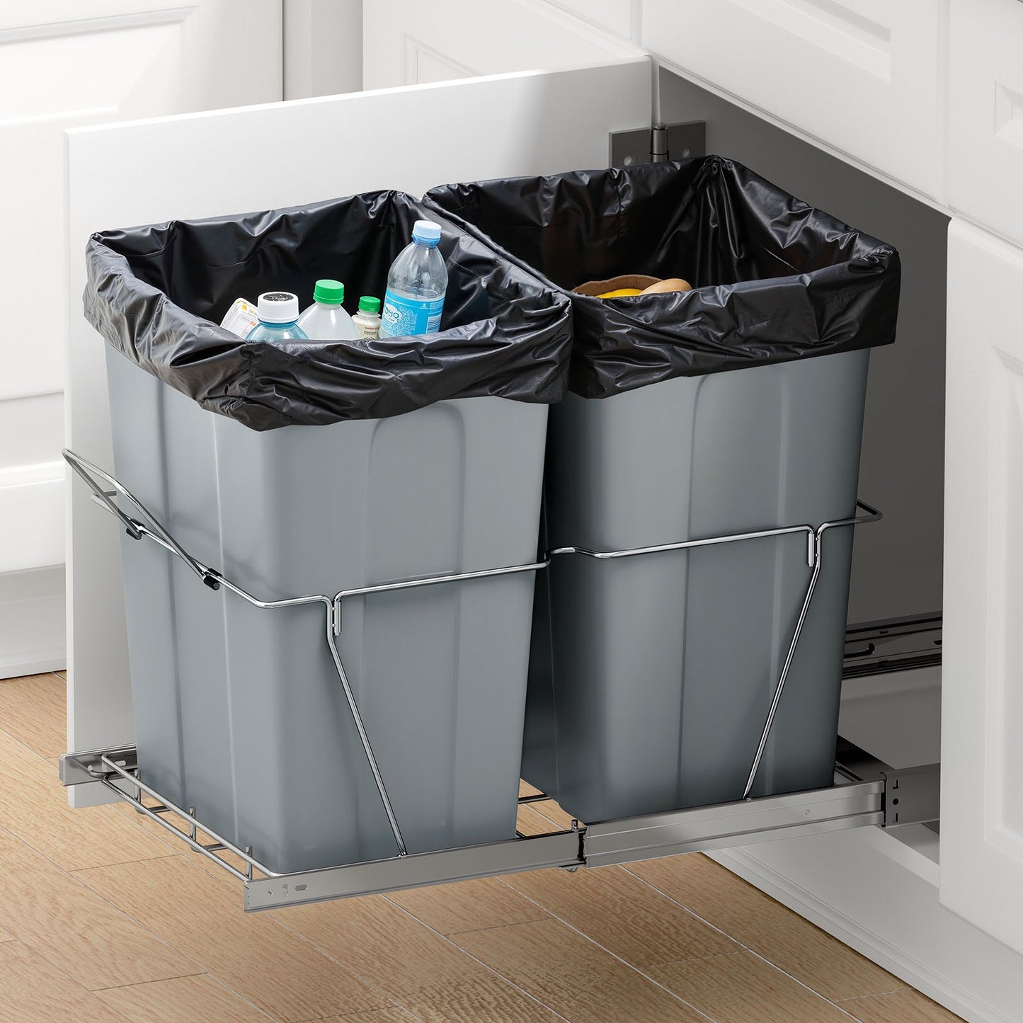 Pullout Trash Can for Kitchen Cabinets, Double Under Sink Garbage Waste Recycling Bin, Under Mount Waste Container, with Heavy Duty Metal Full Extension Sliding System and Handle