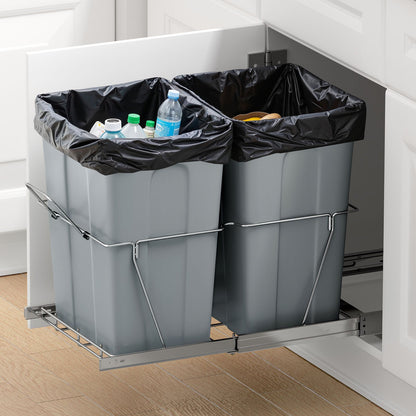Pullout Trash Can for Kitchen Cabinets, Double Under Sink Garbage Waste Recycling Bin, Under Mount Waste Container, with Heavy Duty Metal Full Extension Sliding System and Handle