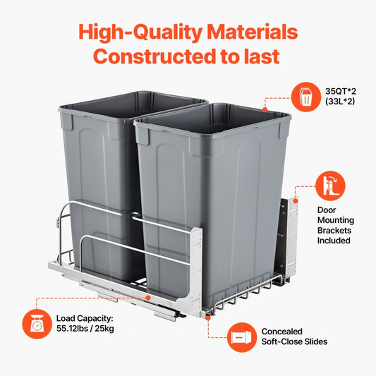 Double Pullout Waste Container Kitchen Trash Can Soft Close Grey 35QTx2