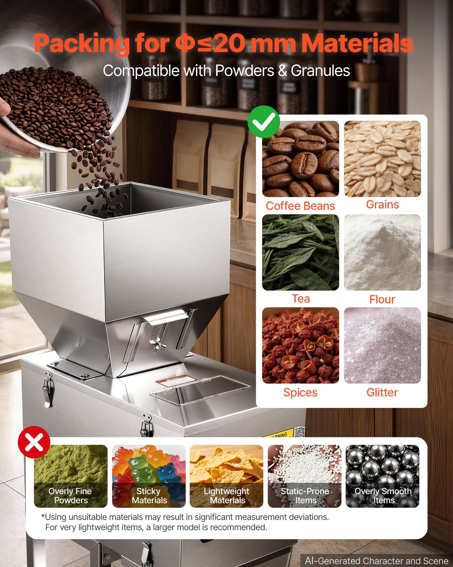 Powder Filling Machine, 10-999g Automatic Particle Dispenser, Premium Stainless Steel, Intelligent Weighing Dispensing Filler with Foot Pedal, for Coffee Beans, Grains, Tea, Spices, Silver
