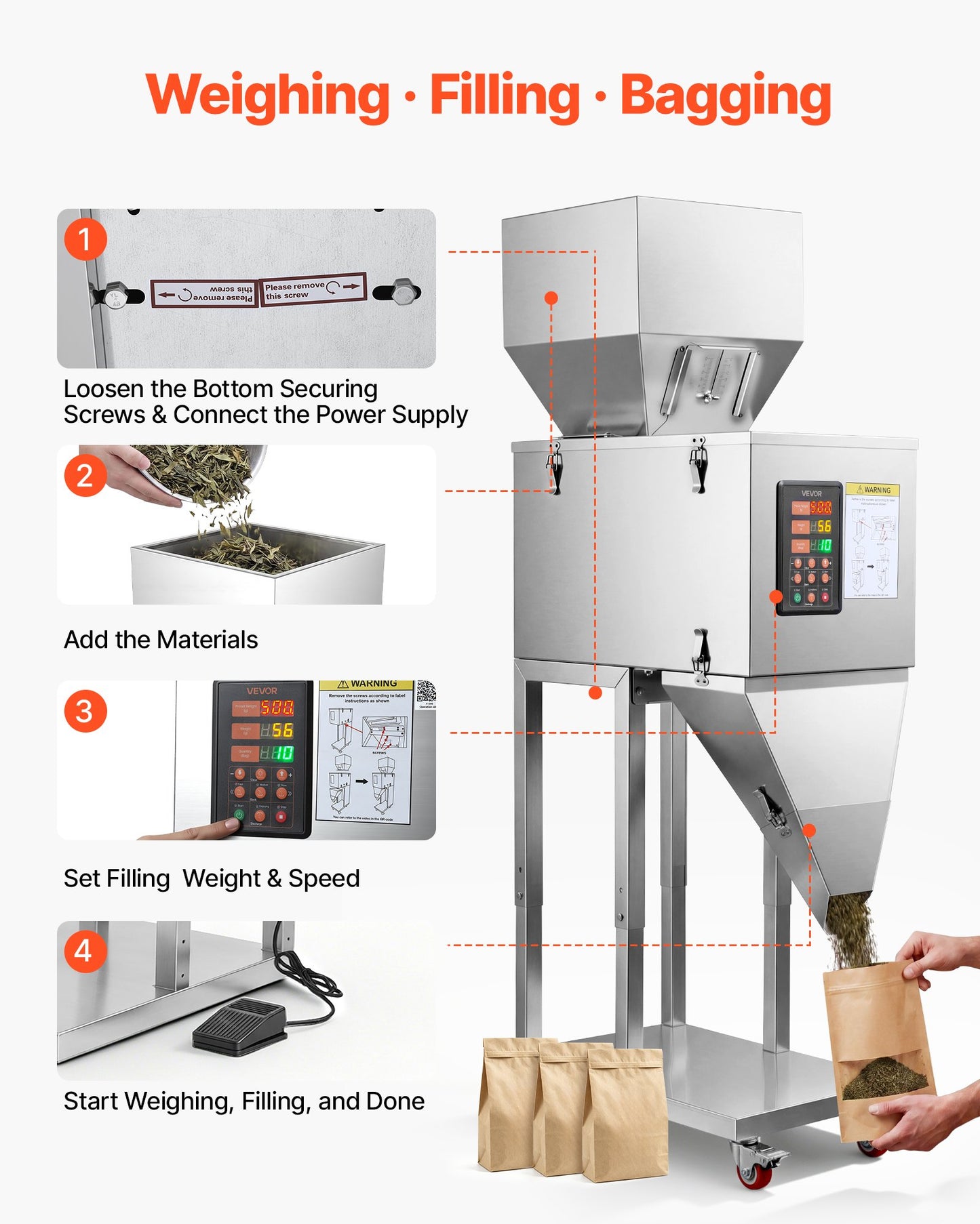 Powder Filling Machine, 10-999g Automatic Particle Dispenser, Premium Stainless Steel, Intelligent Weighing Dispensing Filler with Foot Pedal, for Coffee Beans, Grains, Tea, Spices, Silver
