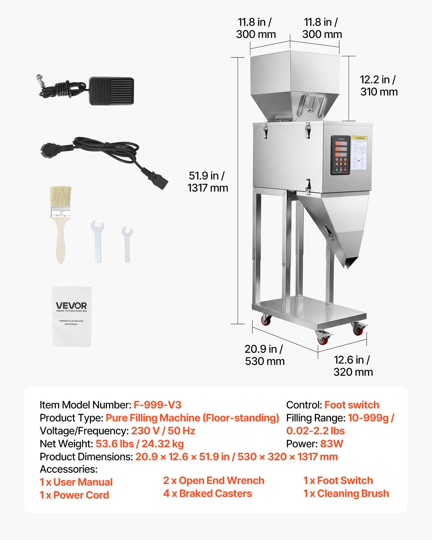 Powder Filling Machine, 10-999g Automatic Particle Dispenser, Premium Stainless Steel, Intelligent Weighing Dispensing Filler with Foot Pedal, for Coffee Beans, Grains, Tea, Spices, Silver
