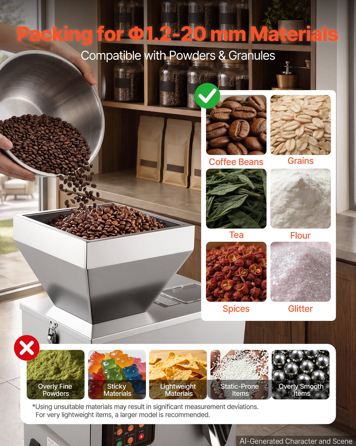 Powder Filling Machine, 1-99.9g Automatic Particle Dispenser, High Accuracy, Premium Stainless Steel, Intelligent Weighing Dispensing Filler for Coffee Beans, Grains, Tea, Spices, Silver