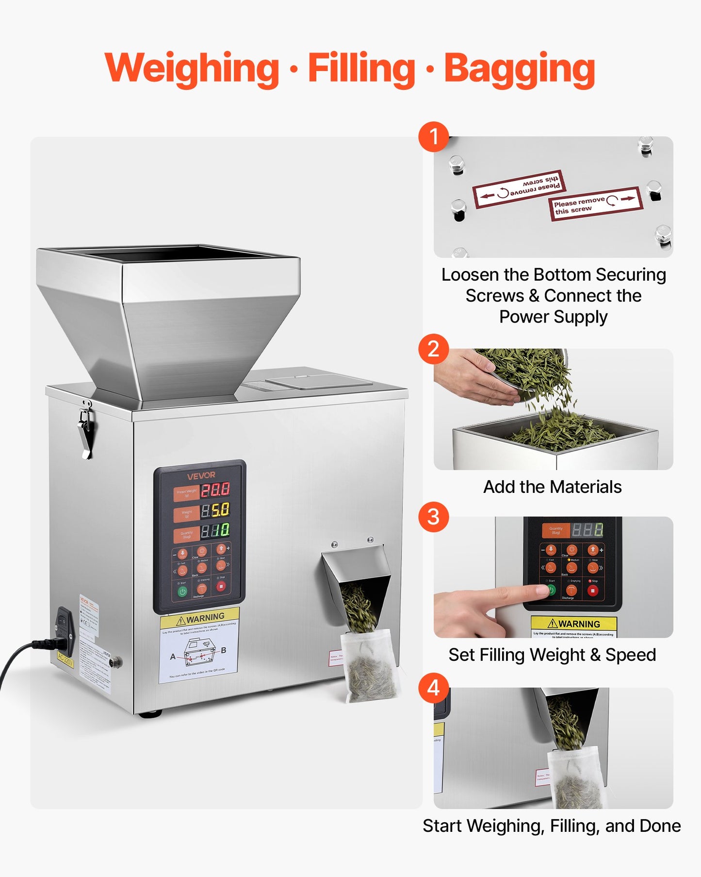 Powder Filling Machine, 1-99.9g Automatic Particle Dispenser, High Accuracy, Premium Stainless Steel, Intelligent Weighing Dispensing Filler for Coffee Beans, Grains, Tea, Spices, Silver