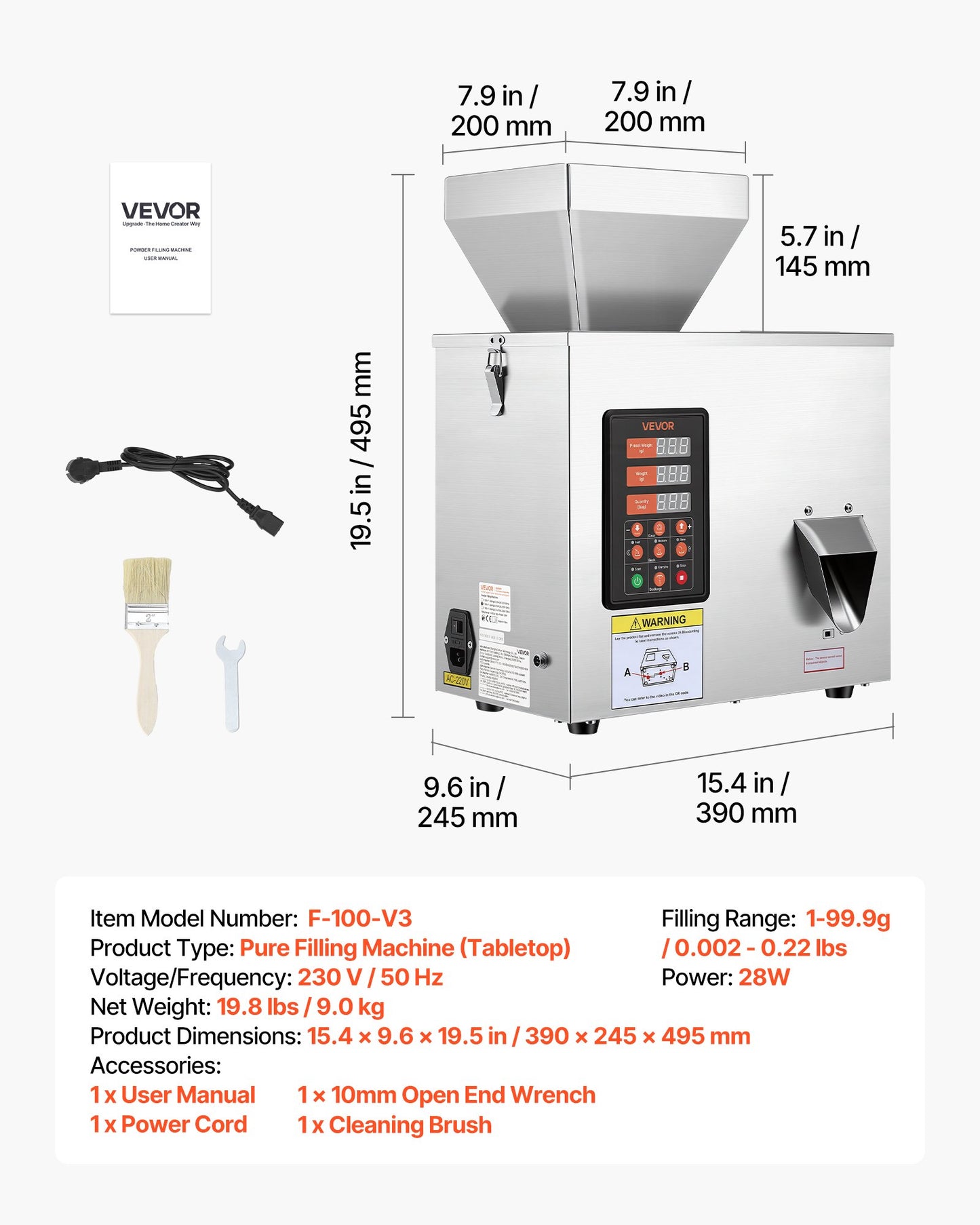 Powder Filling Machine, 1-99.9g Automatic Particle Dispenser, High Accuracy, Premium Stainless Steel, Intelligent Weighing Dispensing Filler for Coffee Beans, Grains, Tea, Spices, Silver