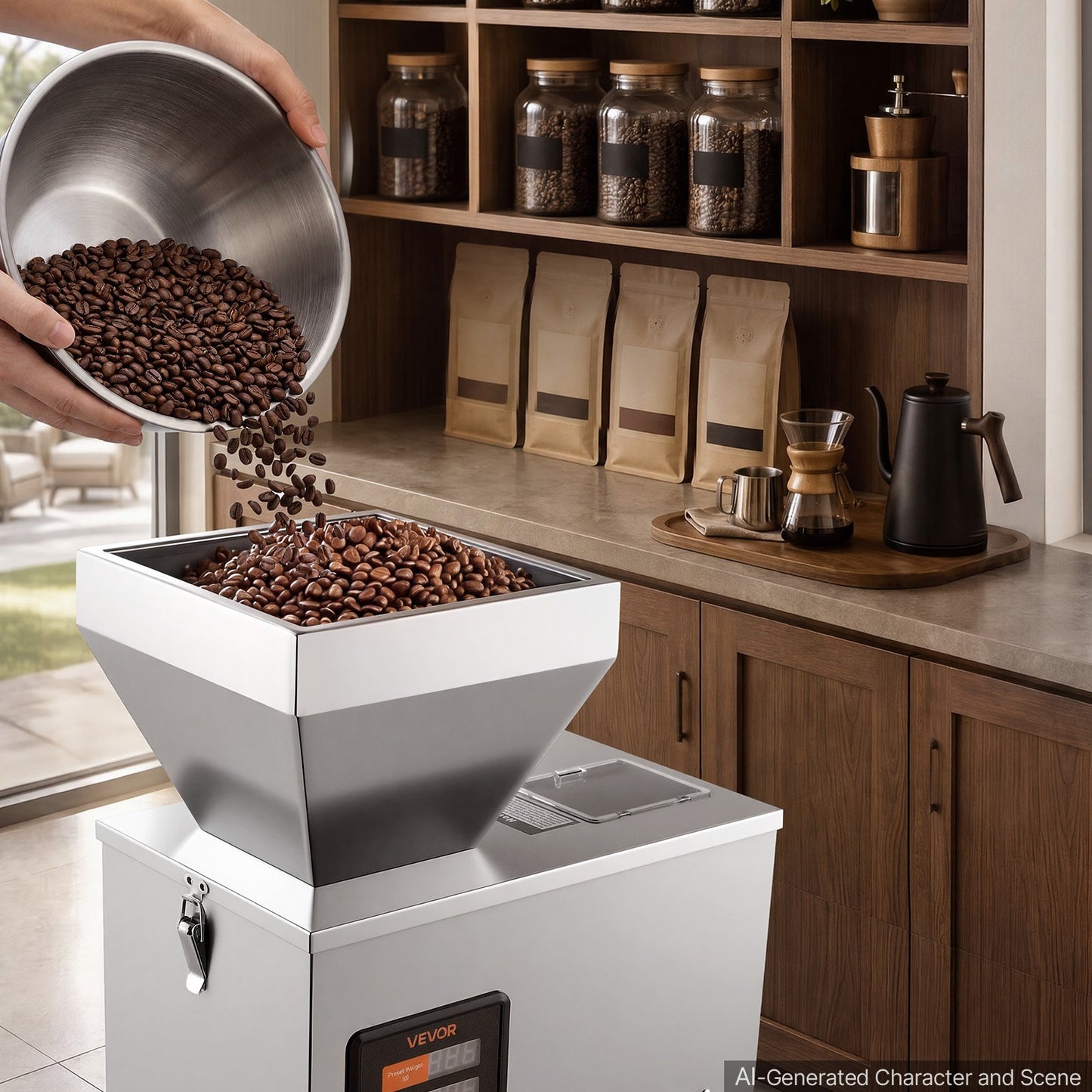 Powder Filling Machine, 1-99.9g Automatic Particle Dispenser, High Accuracy, Premium Stainless Steel, Intelligent Weighing Dispensing Filler for Coffee Beans, Grains, Tea, Spices, Silver