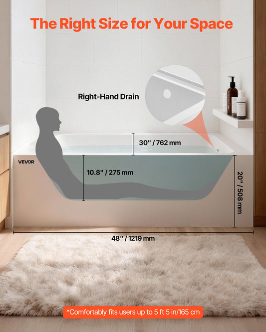 Alcove Bathtub, 1219 x 762 mm Contemporary Alcove Acrylic Bathtub, Soaking Bath Tub with Right Hand Drain and Overflow Hole, Rectangular Deep Soak Tub for Bathroom with Integral Flange, White