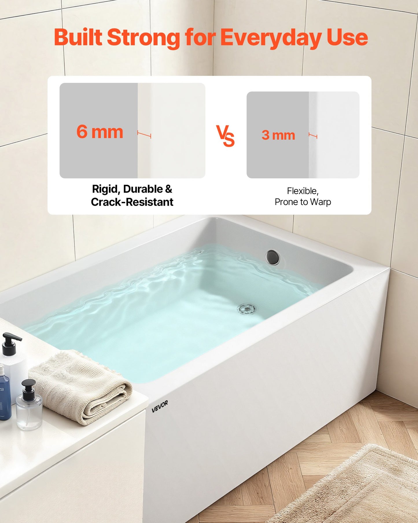 Alcove Bathtub, 1219 x 762 mm Contemporary Alcove Acrylic Bathtub, Soaking Bath Tub with Right Hand Drain and Overflow Hole, Rectangular Deep Soak Tub for Bathroom with Integral Flange, White