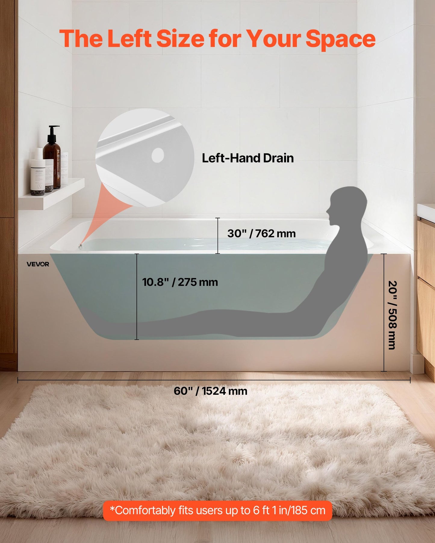 Alcove Bathtub, 1524 x 762 mm Contemporary Alcove Acrylic Bathtub, Soaking Bath Tub with Left Hand Drain and Overflow Hole, Rectangular Deep Soak Tub for Bathroom with Integral Flange, White