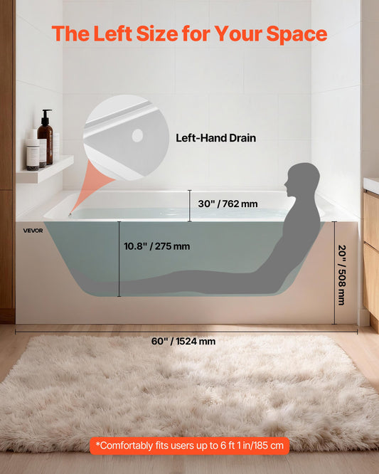 Alcove Bathtub, 1524 x 762 mm Contemporary Alcove Acrylic Bathtub, Soaking Bath Tub with Left Hand Drain and Overflow Hole, Rectangular Deep Soak Tub for Bathroom with Integral Flange, White
