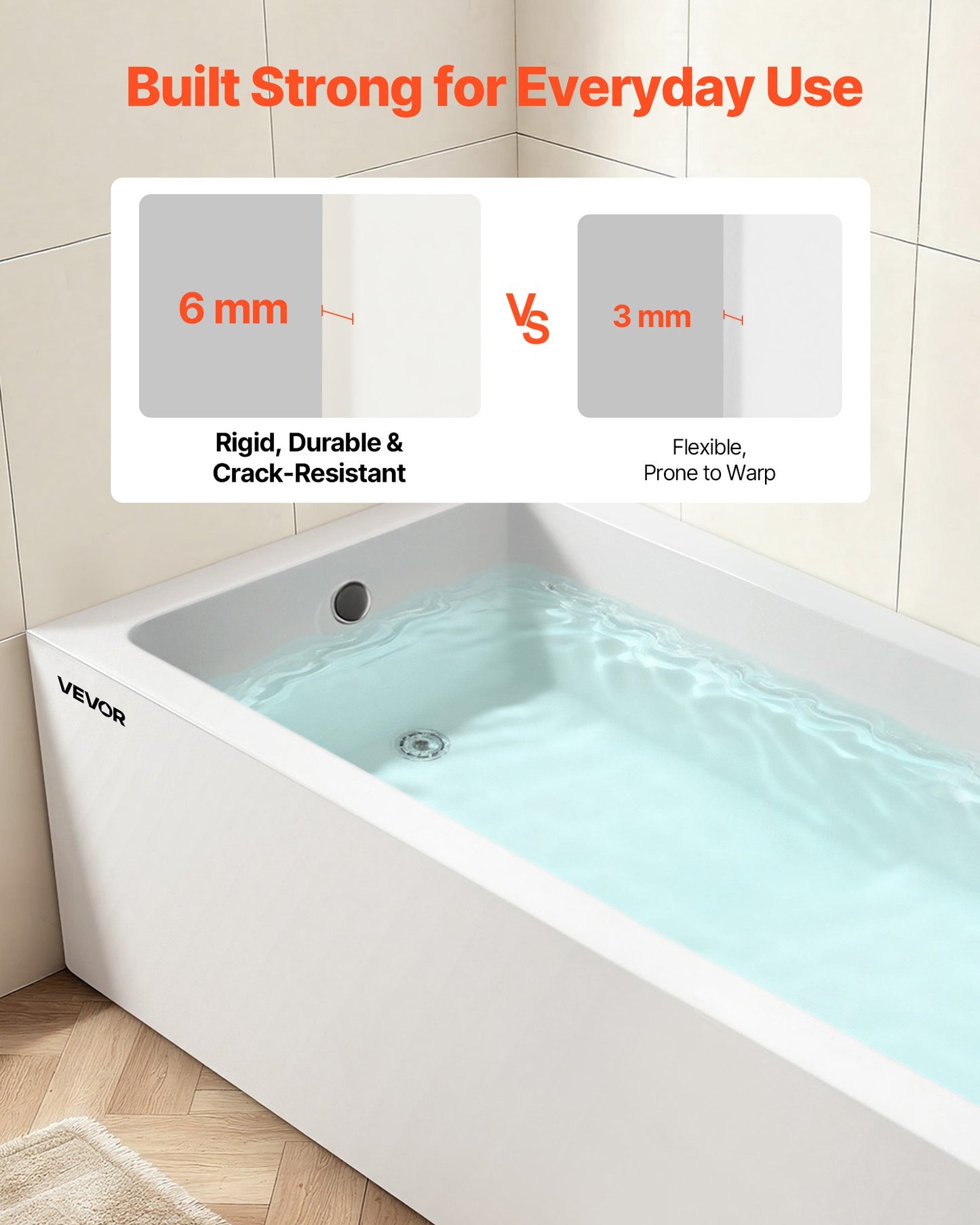 Alcove Bathtub, 1524 x 762 mm Contemporary Alcove Acrylic Bathtub, Soaking Bath Tub with Left Hand Drain and Overflow Hole, Rectangular Deep Soak Tub for Bathroom with Integral Flange, White