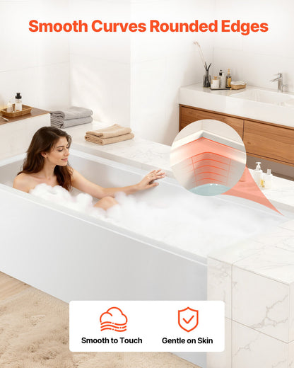 Alcove Bathtub, 1524 x 762 mm Contemporary Alcove Acrylic Bathtub, Soaking Bath Tub with Left Hand Drain and Overflow Hole, Rectangular Deep Soak Tub for Bathroom with Integral Flange, White