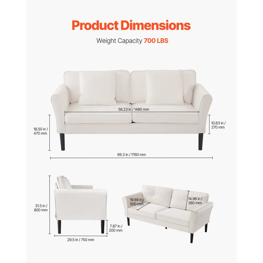 Loveseat Sofa 176 cm Velvet Fabric 2-Seats Couch with Sinuous Spring White