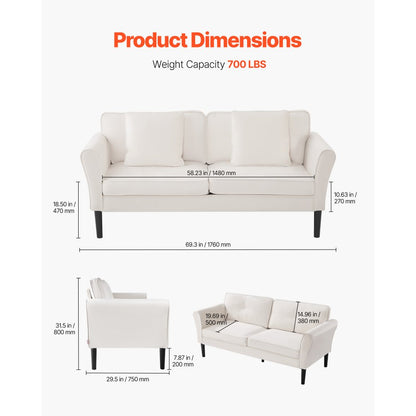 Loveseat Sofa 176 cm Velvet Fabric 2-Seats Couch with Sinuous Spring White