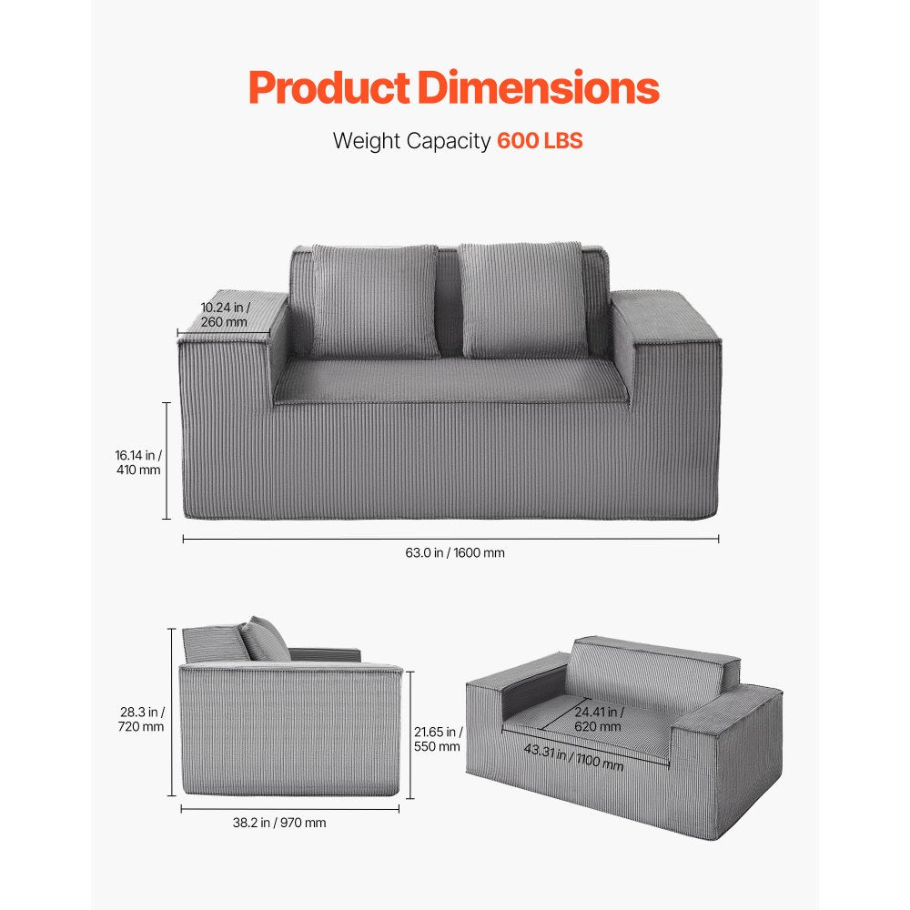 VEVOR Loveseat Sofa 160 cm 2-Seat Small Corduroy Couch No Assembly Required Gray