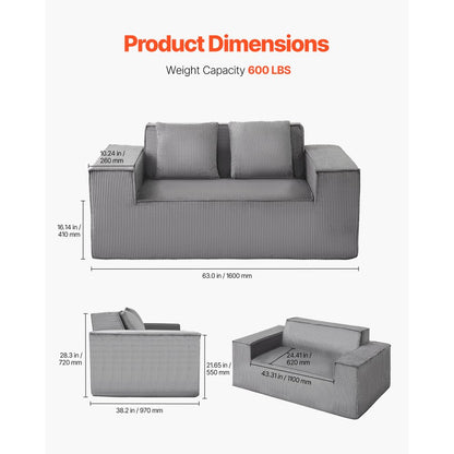 VEVOR Loveseat Sofa 160 cm 2-Seat Small Corduroy Couch No Assembly Required Gray