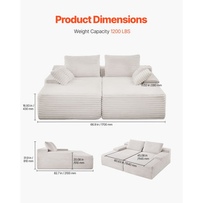 VEVOR Oversized Double Chaise Lounge 210 cm Corduroy Loveseat Sofa Beige