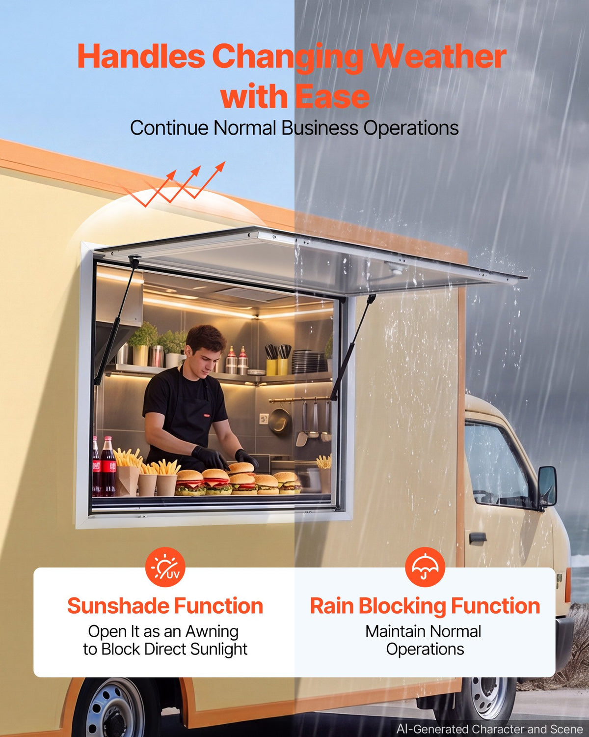 Concession Window 915x915mm Aluminum Alloy Frame Service Window, for Food Truck, Up to 85 Degrees Stand Serving w/ Awning Door and Drag Hook, Rainwater Resistant for Concession Trailer