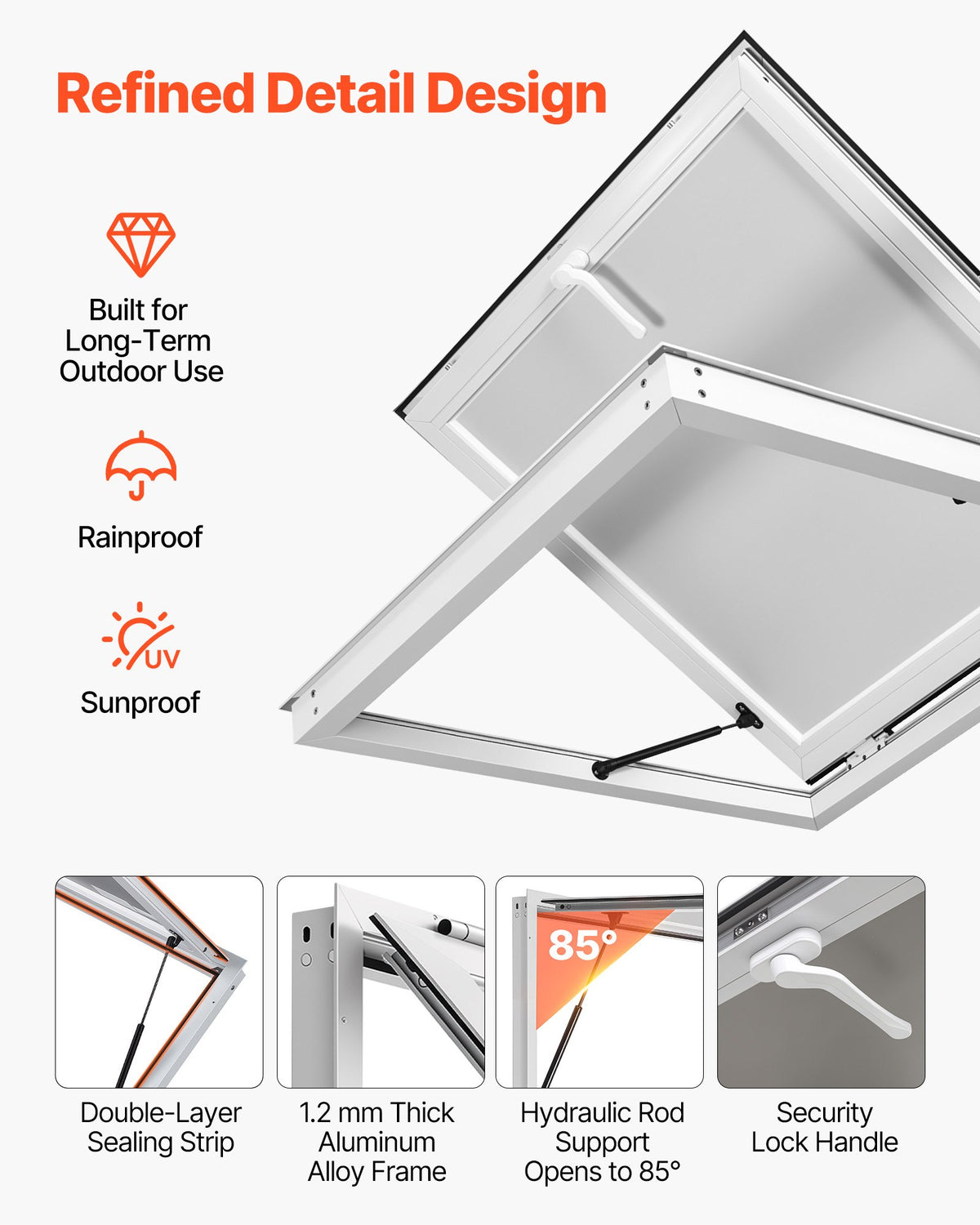 Concession Window 915x915mm Aluminum Alloy Frame Service Window, for Food Truck, Up to 85 Degrees Stand Serving w/ Awning Door and Drag Hook, Rainwater Resistant for Concession Trailer