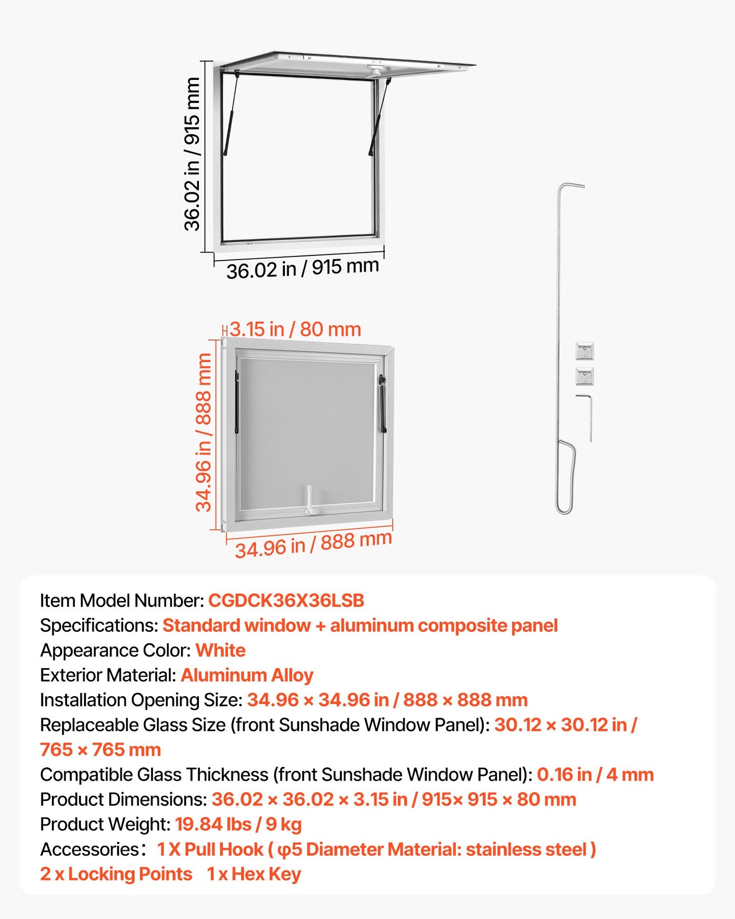 Concession Window 915x915mm Aluminum Alloy Frame Service Window, for Food Truck, Up to 85 Degrees Stand Serving w/ Awning Door and Drag Hook, Rainwater Resistant for Concession Trailer