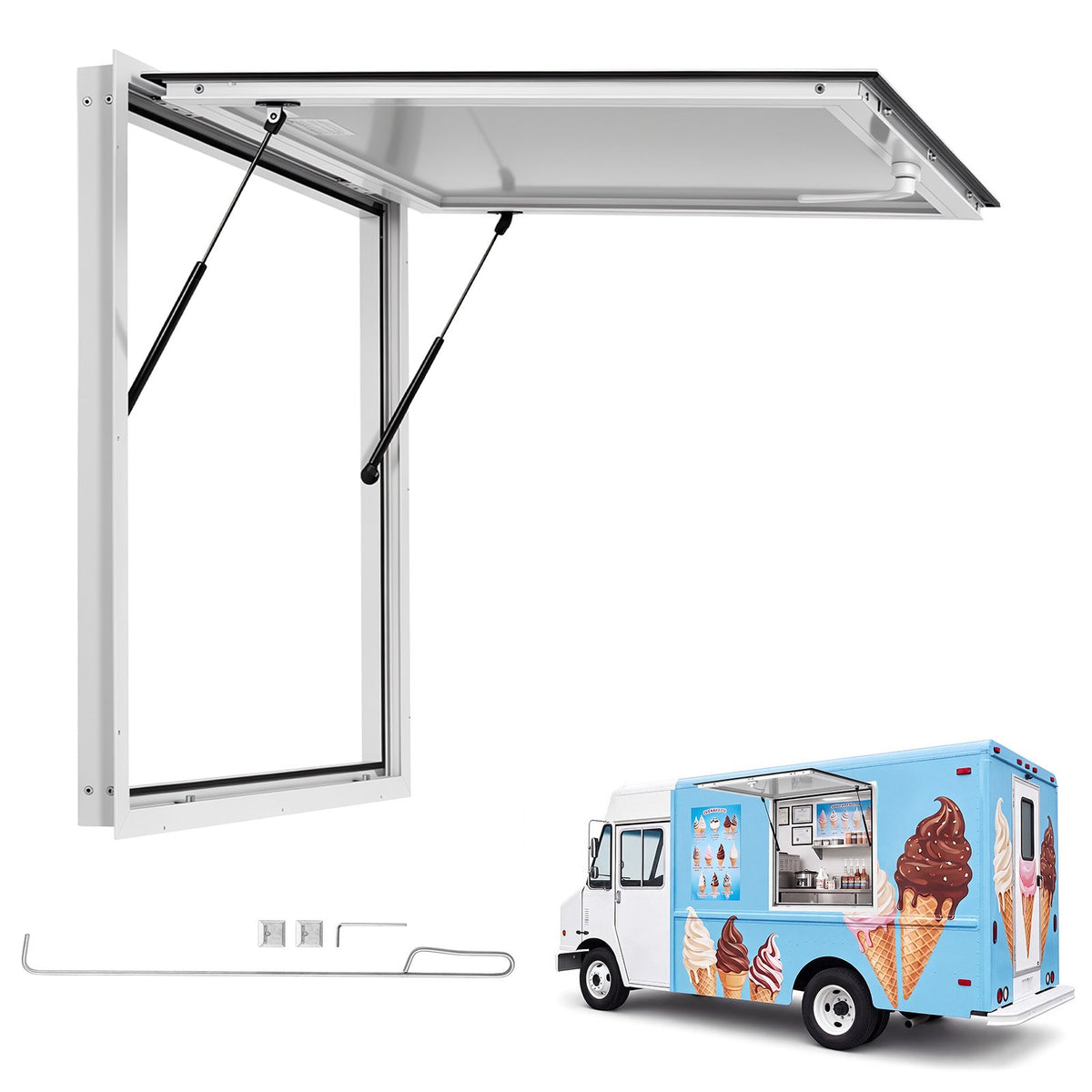 Concession Window 915x915mm Aluminum Alloy Frame Service Window, for Food Truck, Up to 85 Degrees Stand Serving w/ Awning Door and Drag Hook, Rainwater Resistant for Concession Trailer