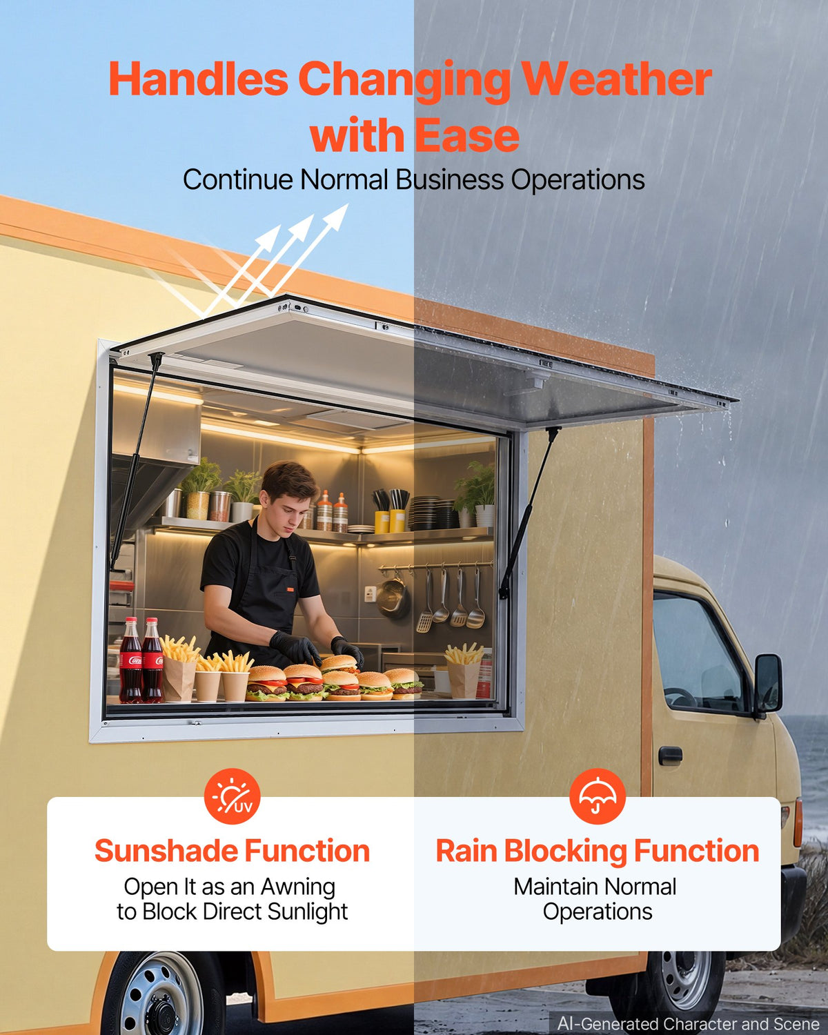 Concession Window 1524x915mm Aluminum Alloy Frame Service Window, for Food Truck, Up to 85 Degrees Stand Serving Windows w/ Awning Door and Drag Hook, Rainwater Resistant for Concession Trailer