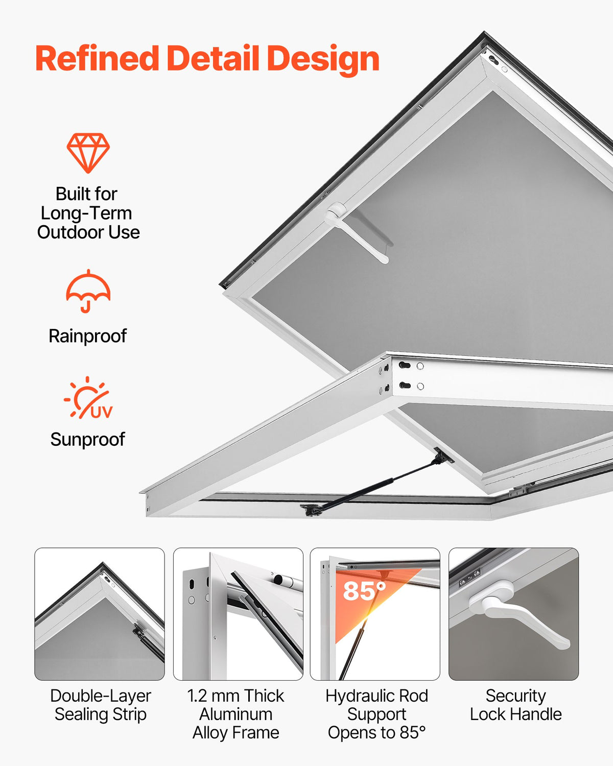 Concession Window 1524x915mm Aluminum Alloy Frame Service Window, for Food Truck, Up to 85 Degrees Stand Serving Windows w/ Awning Door and Drag Hook, Rainwater Resistant for Concession Trailer