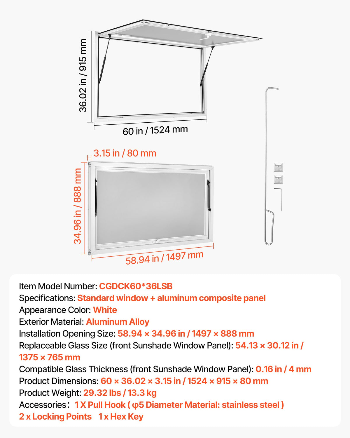 Concession Window 1524x915mm Aluminum Alloy Frame Service Window, for Food Truck, Up to 85 Degrees Stand Serving Windows w/ Awning Door and Drag Hook, Rainwater Resistant for Concession Trailer
