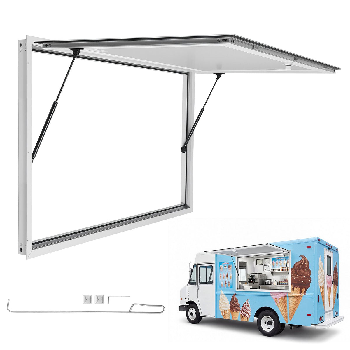 Concession Window 1524x915mm Aluminum Alloy Frame Service Window, for Food Truck, Up to 85 Degrees Stand Serving Windows w/ Awning Door and Drag Hook, Rainwater Resistant for Concession Trailer