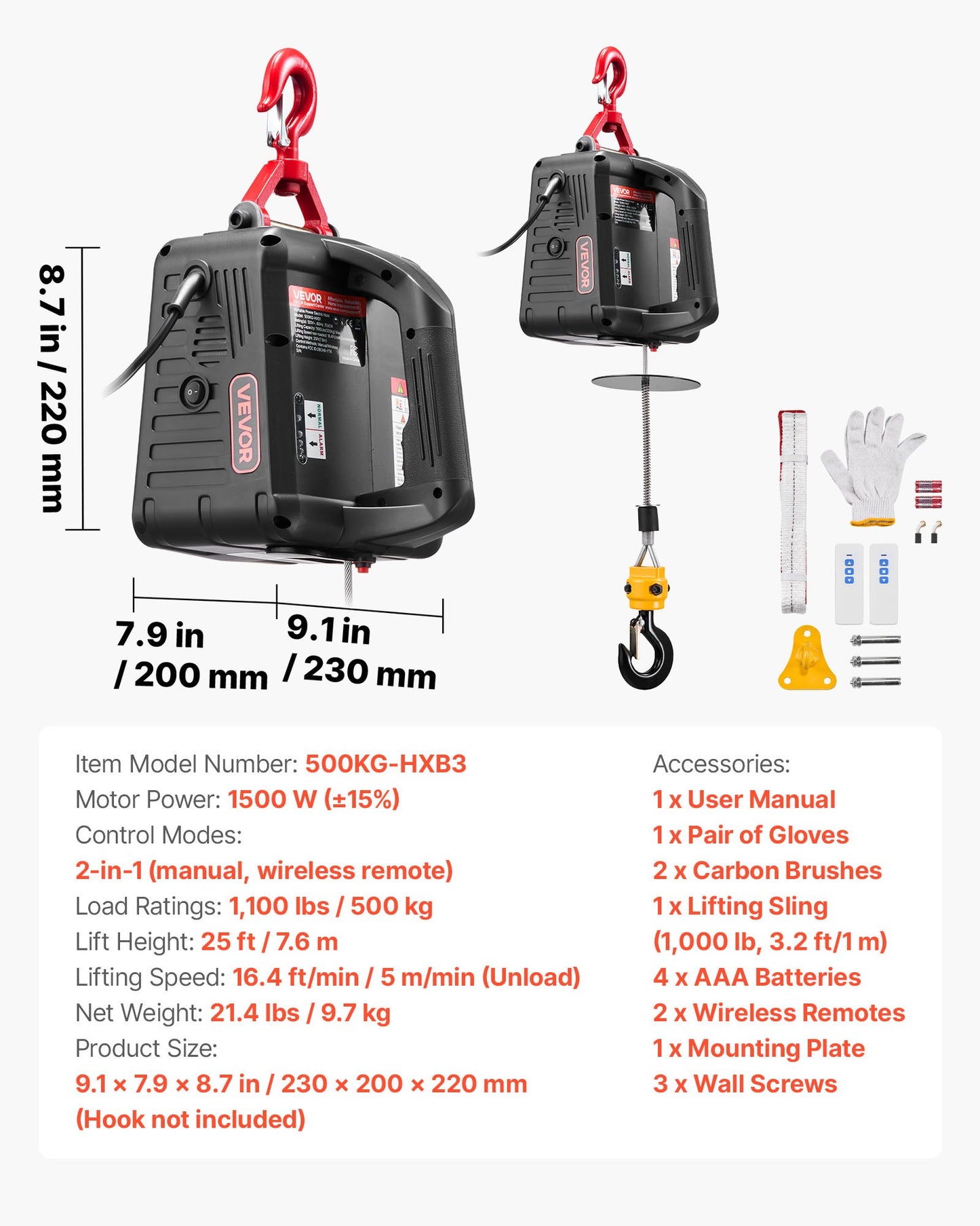 2-in-1 Electric Hoist Winch, 500 kg Capacity, 1500W Portable Power Winch Crane, 7.6 m Lifting Height, 5 m/min with Manual and Wireless Remote Control for Factory, Warehouss, Garage