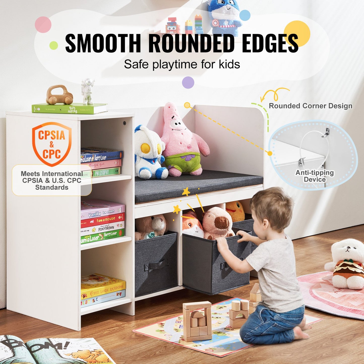 VEVOR Kids Reading Nook Bench 6-Cubby Storage Bookshelf with Seat Cushion White