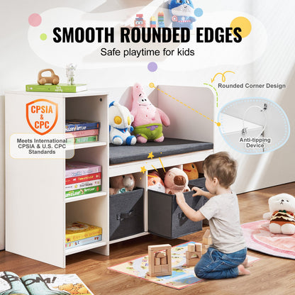 VEVOR Kids Reading Nook Bench 6-Cubby Storage Bookshelf with Seat Cushion White