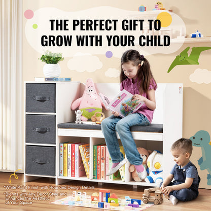 VEVOR Kids Reading Nook Bench 6-Cubby Storage Bookshelf with Seat Cushion White