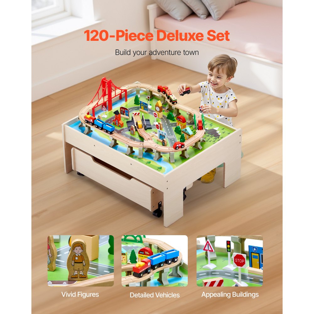 Train Table 100 PCS Wooden Kids Activity Table with Rolling Storage Drawer