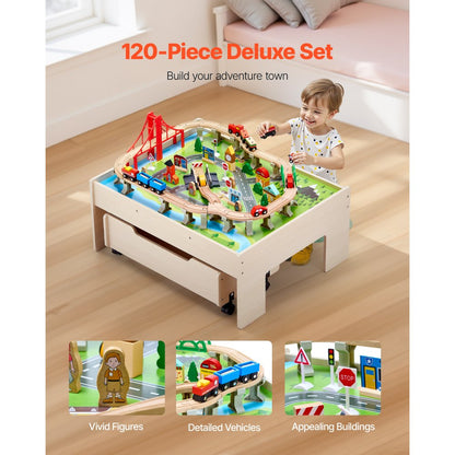 Train Table 100 PCS Wooden Kids Activity Table with Rolling Storage Drawer