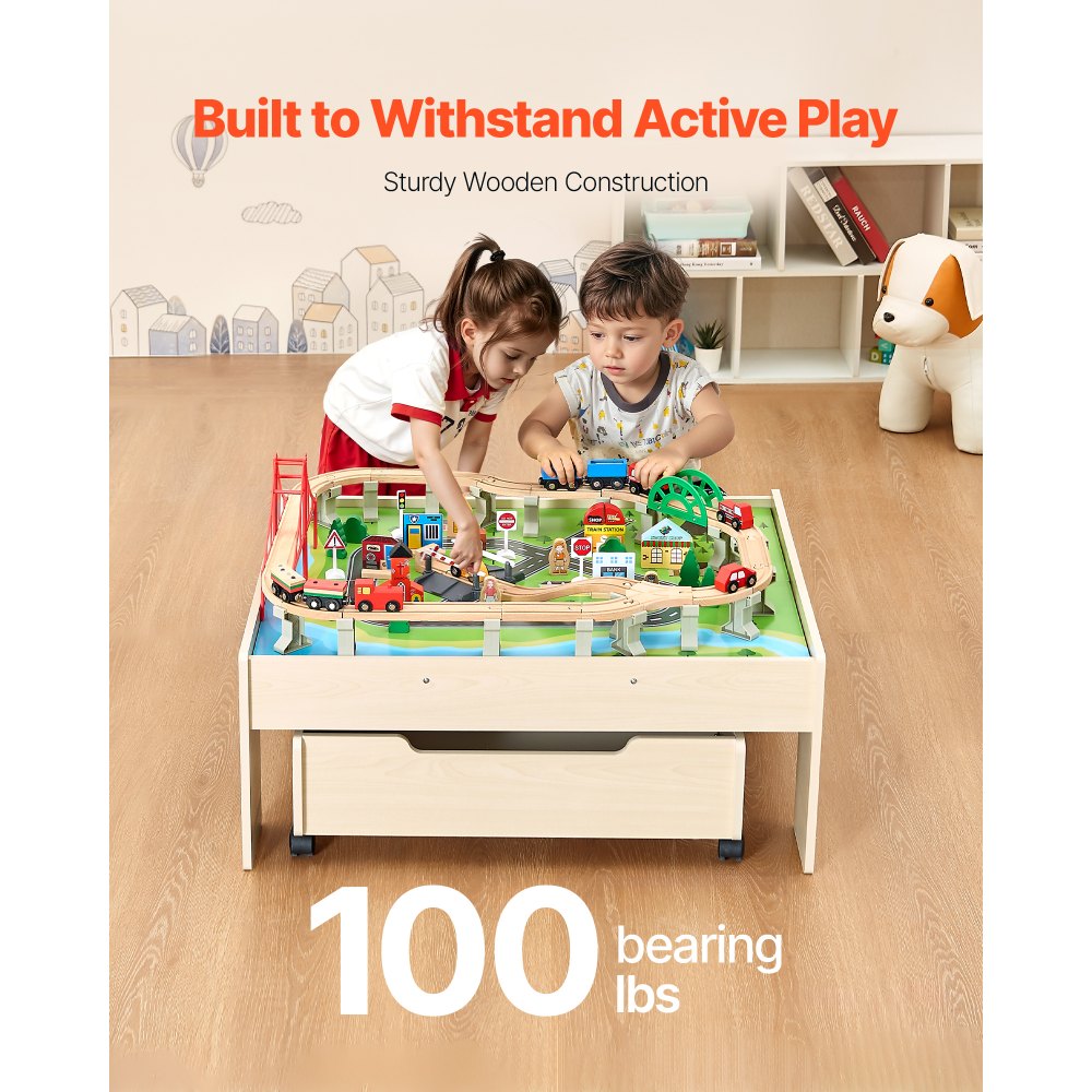Train Table 100 PCS Wooden Kids Activity Table with Rolling Storage Drawer