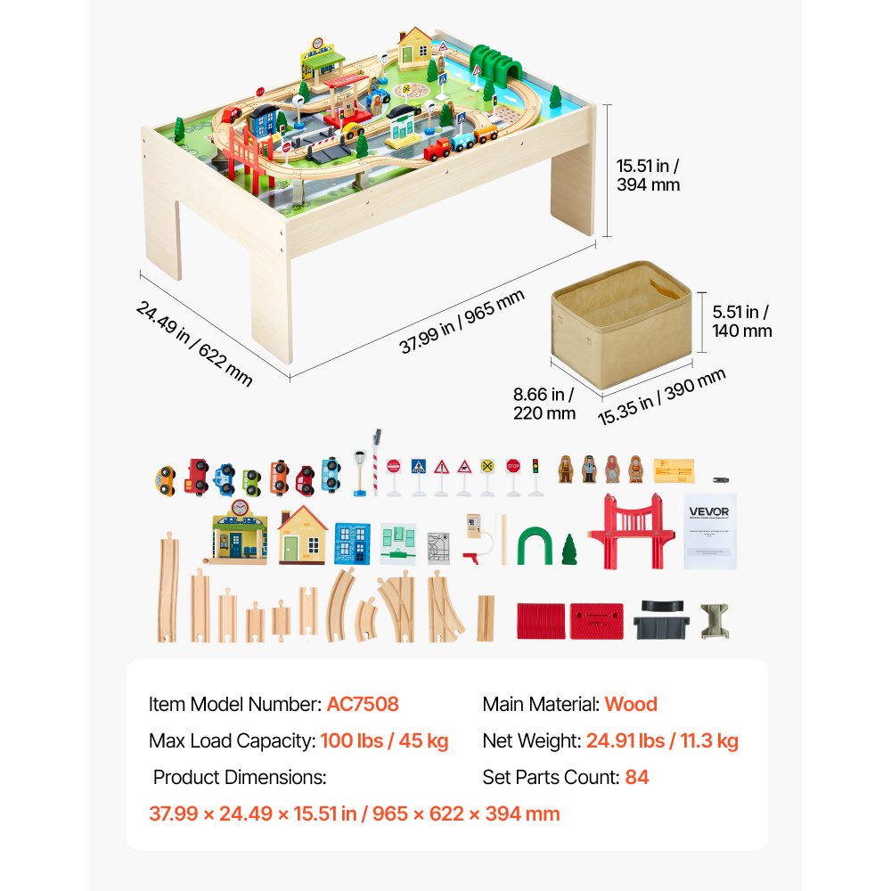 Train Table 84 PCS Wooden Kids Activity Table with Collapsible Storage Bin