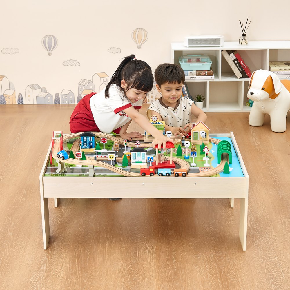 Train Table 84 PCS Wooden Kids Activity Table with Collapsible Storage Bin