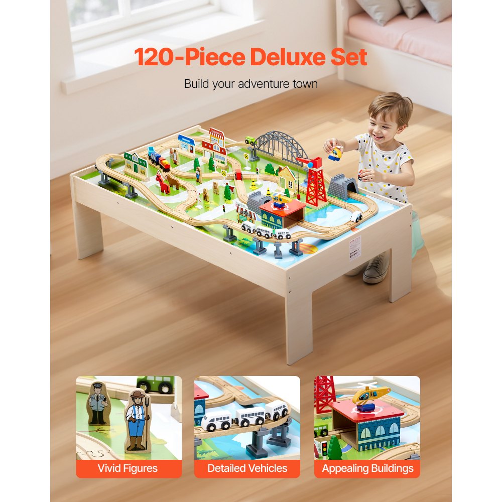Train Table 120 PCS Wooden Kids Activity Table with Folding Storage Bin